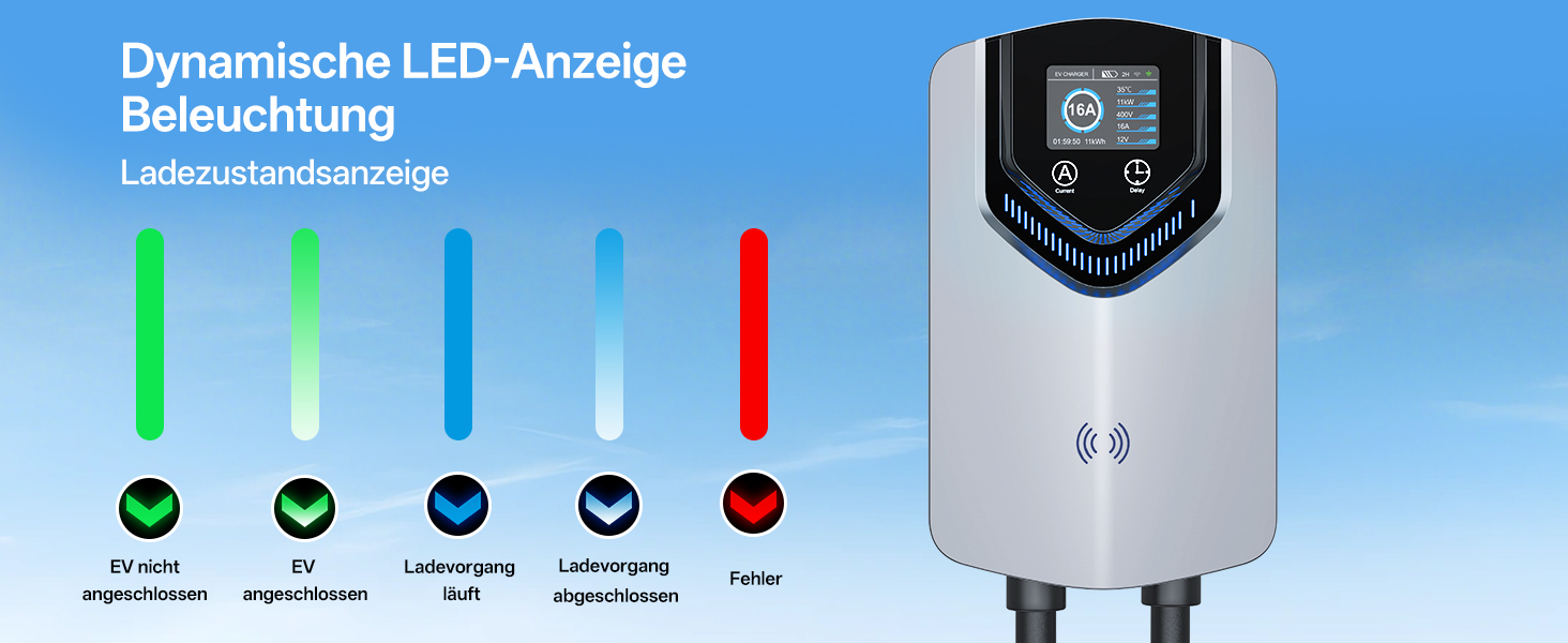 Wallbox 11 кВт з APP та RFID – Зарядний пристрій для електромобілів Typ 2 400V, 6-16A, кабель 8м з тримачем, RCD Typ B, IP54, програмування часу – для BEV/PHEV