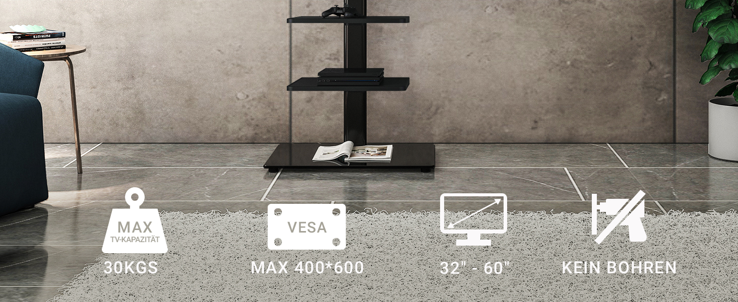 FITUEYES Adjustable Swivel TV Stand - Floor Mount for 32-60 inch Flat & Curved TVs (up to 30kg, VESA 600x400) - Black
