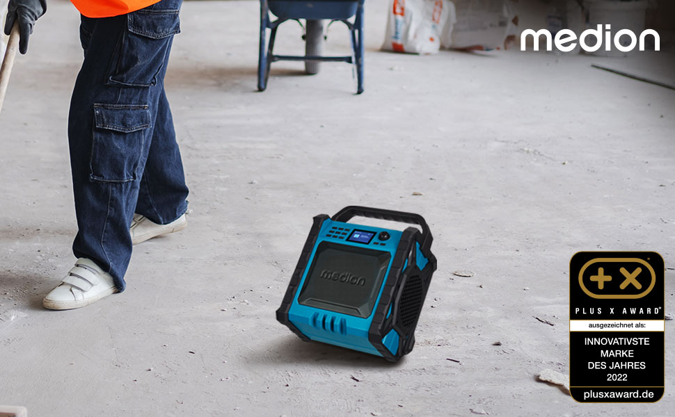 MEDION E66877 Радіо для будівельних майданчиків DAB+ Bluetooth з LED-ліхтарем (IP44, акумулятор/мережа, вертикальне) блакитне