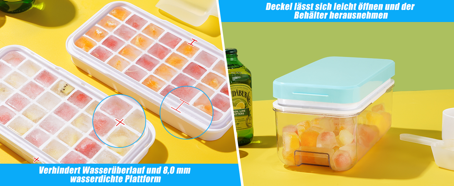 Ice cube mold, ice cube container, 96 ice cubes, ice cube mold with lid, with 3 trays, easy push to release ice, leak-proof, cooling for cocktails, whisky, coffee, blue