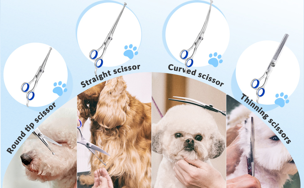 Професійна ножиця для собак 5-в-1 Gimars: 4CR сталь, безпечна закруглена накінечник, титанове покриття, пряма, філірувальна та вигнута (Блакитний)