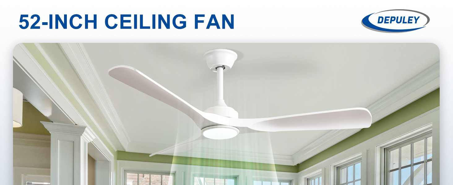 Depuley Потолочний вентилятор з підсвічуванням для вулиці: LED лампа з вентилятором для саду, тераси - 132см, з пультом керування, для вітальні, ресторану, офісу (Білий, 52 дюйми)