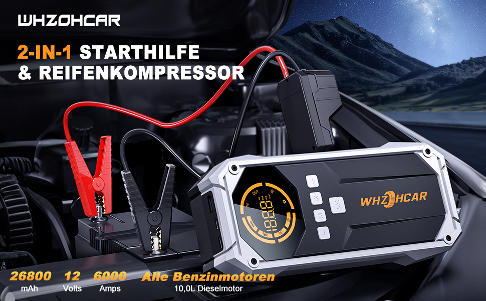 Портативний пусковий пристрій Starthilfe Powerbank з компресором 26800mAh, 6000A, 150PSI, LCD, LED, чорний