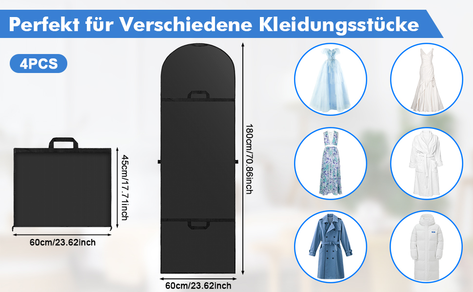 Чохли для одягу 180x60 см (4 шт) - Дихаючі мішки для зберігання одягу з ручками, для вечірніх та весільних суконь, захист від пилу, складні