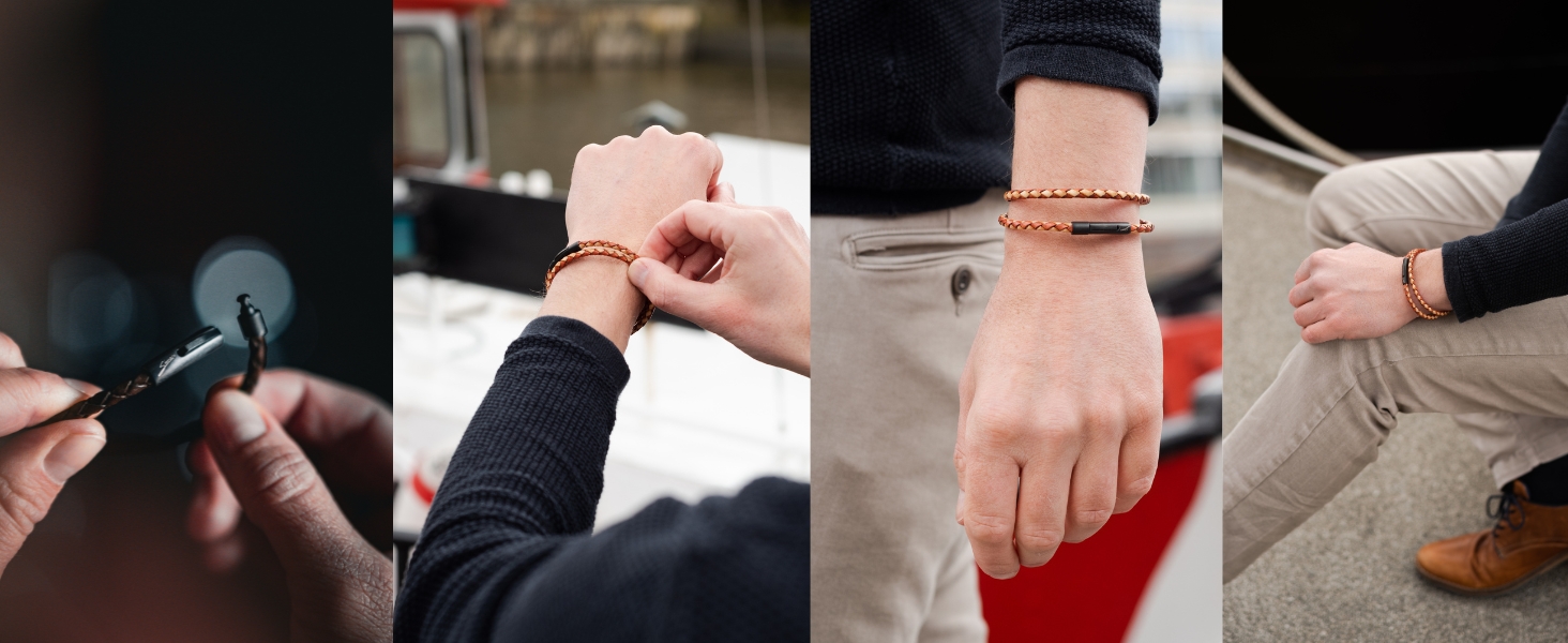 Преміум шкіряний браслет ручної роботи з Німеччини, унісекс. Шкіряний браслет-обгортка з нержавіючої сталі, коричневий, розмір XL (18-19 см)