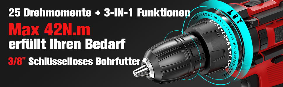 Акумуляторний дриль-шуруповерт BETENST 21V з 2 акумуляторами 2.0Ah, 42Nm, 25+3 ступені крутного моменту, 2 швидкості, LED-підсвічування, 30-ти елементний набір для дому, саду та DIY проектів