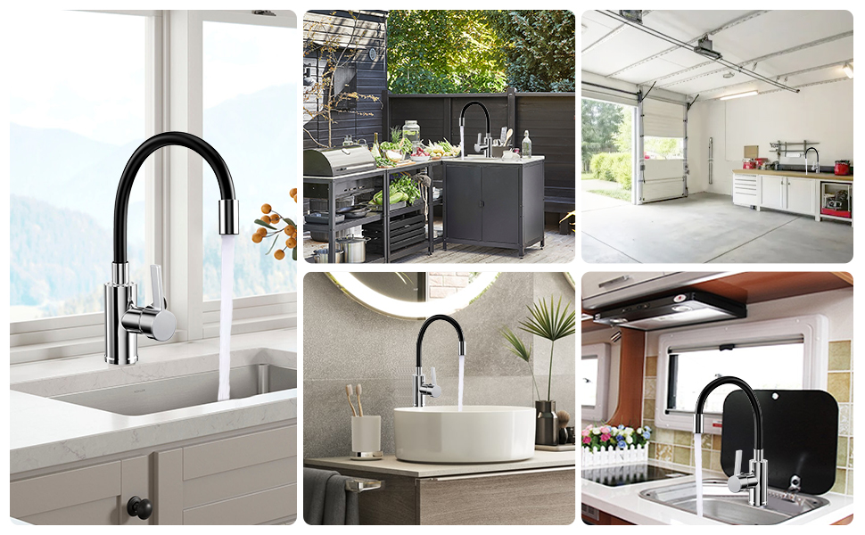 Чорний кухонний змішувач з гнучким виливом, 360° поворот, однорідний, з економічним аератором, нержавіюча сталь