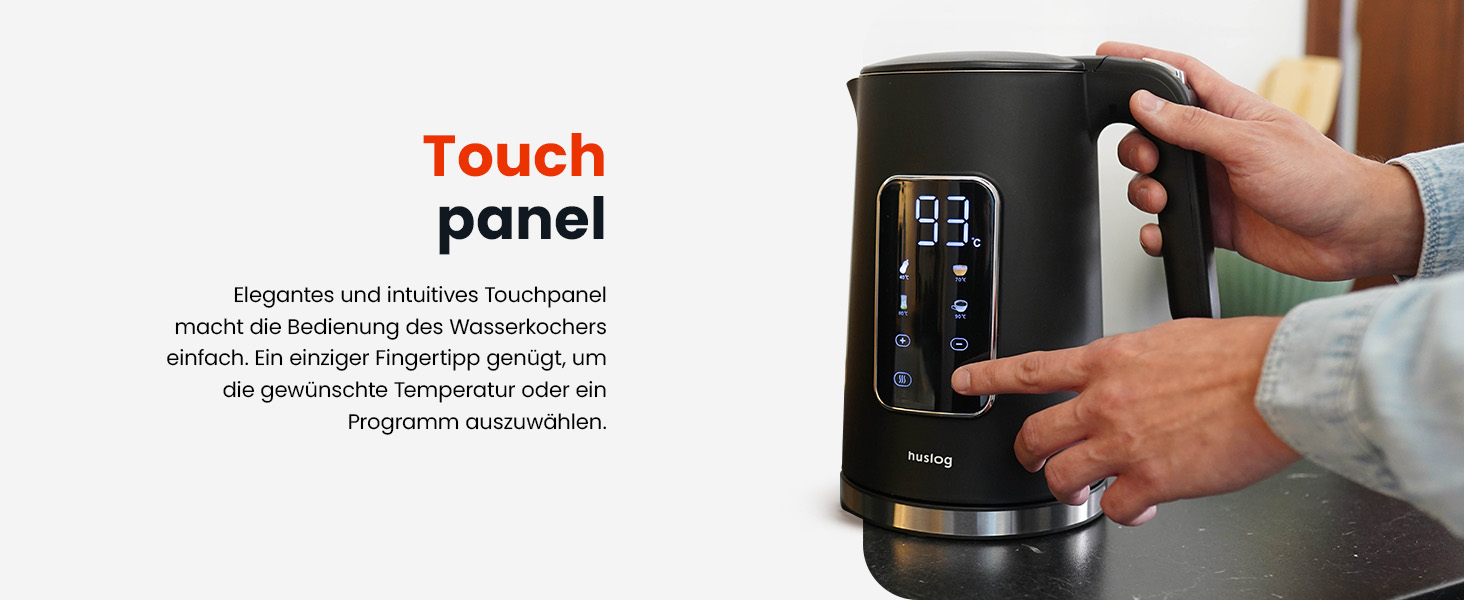 Електричний чайник 1.7 л з тачскріном, 2200 Вт, регулювання температури (40–100°C), 5 програм, підтримання тепла, нержавіюча сталь, бездротовий, чорний