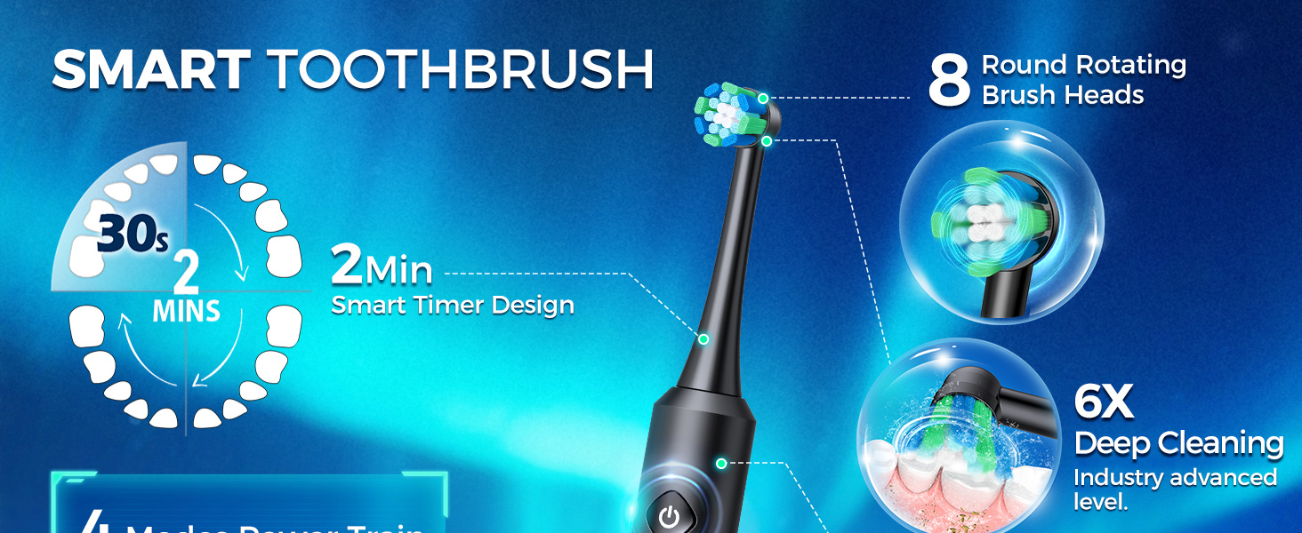 Електрична зубна щітка Rotierende для дорослих з 8 насадками, 4 режимами чищення, акумулятором на 60 днів та Smart-таймером на 2 хвилини - професійна електрична зубна щітка (чорна)