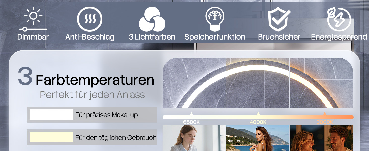 Дзеркало для ванної кімнати HySail з підсвічуванням, 5 мм, висока роздільна здатність, срібне покриття, 3 колірні температури та регульована яскравість, настінне дзеркало з сенсорним вимикачем та антизапарюючим покриттям, кругле (3 кольори + регулювання + дзеркало для макіяжу, 80x80 см)