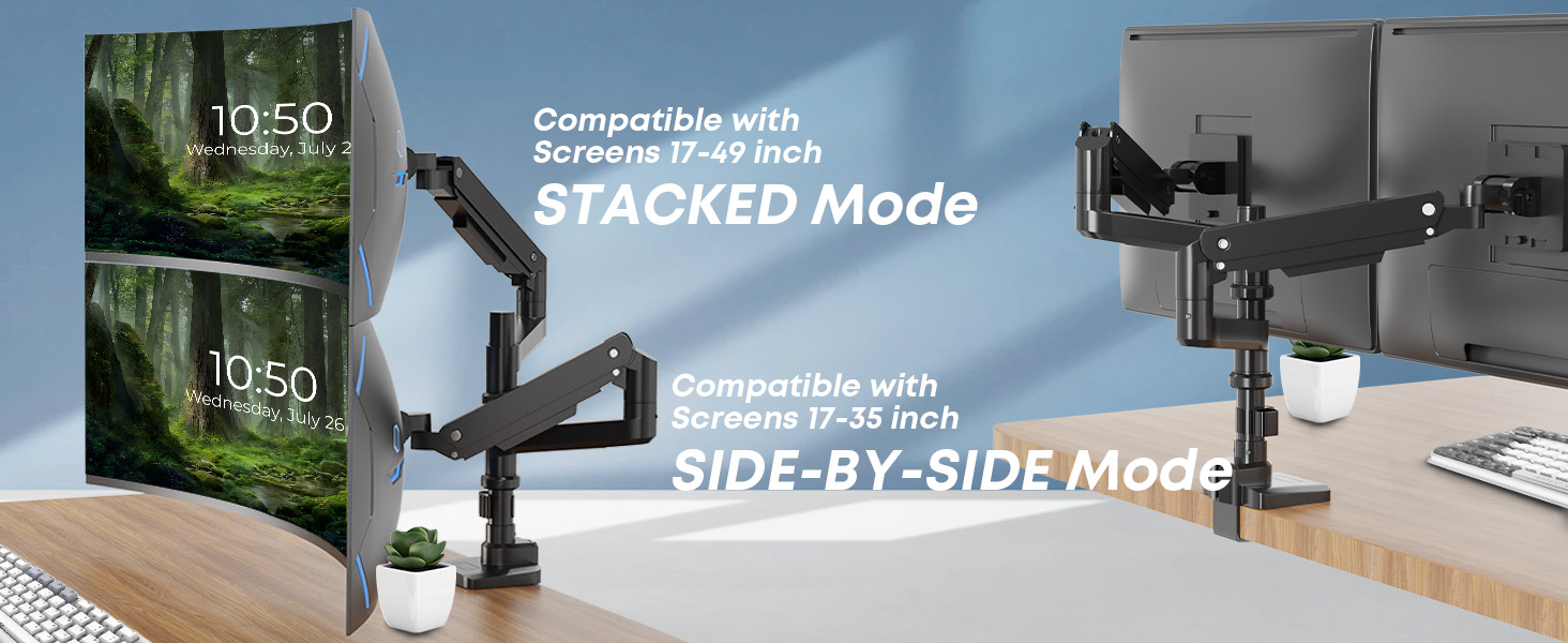 Підставка для монітора PUTORSEN для 2 моніторів, 17-49 дюймів, газ-амортизатор, регулювання висоти, поворот, VESA 75/100mm, чорний