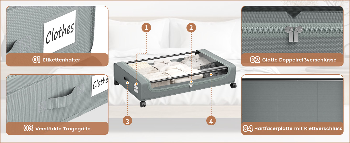 Коробки для зберігання під ліжко PHINOX з роликами, сірі, 2 шт (74x42x16 см) - коробки-органайзери для одягу, взуття, іграшок з прозорою кришкою