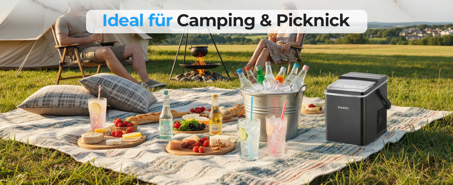 Машина для приготування льоду FOHERE з ручкою, 14 кг/24 год, 9 кубиків льоду за 5 хвилин, 2 розміри, самоочищення, портативна з лопаткою та кошиком – ідеальна для дому, кухні, офісу, кемпінгу, вечірки, RV