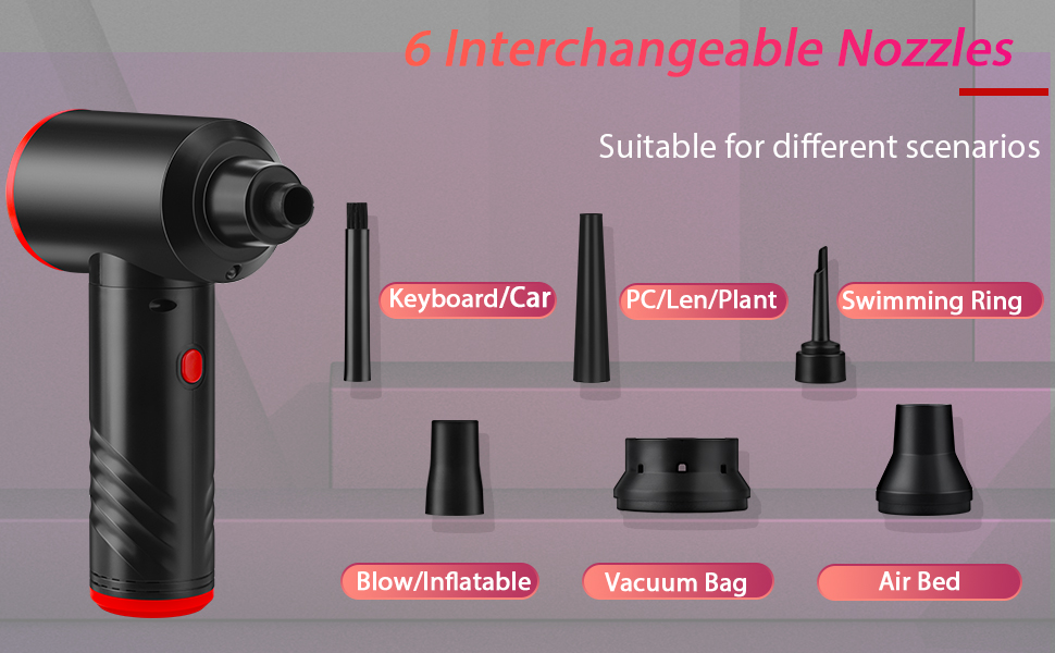 Електричний пилосос для повітряного продування BUDOCI, 3 швидкості, 100000 об/хв, 6000 mAh, з LED-підсвічуванням, для чищення ПК, клавіатури, диванів, офісної техніки, авто (чорно-червоний)