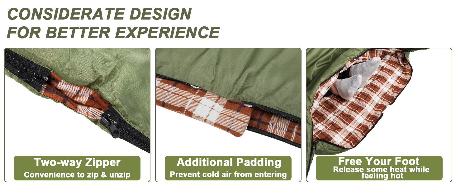 Cotton Flannel Double Sleeping Bag for Camping, Hiking - Queen Size 2 Person Waterproof Sleeping Bag for Adults & Teens - Lightweight (Green/Brown)