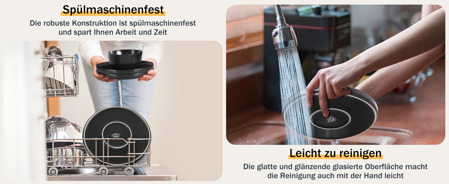 Набір посуду Homikit на 6 осіб: тарілки, миски, десертні тарілки, реактивна глазур, чорний колір, 18 шт.