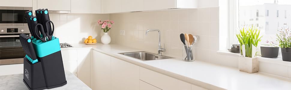 Набір кухонних ножів FIVE COWS (14 предметів) з автоматичним точильним, з ножем для стейку та ножицями, антиокислювальне покриття, професійний набір для дому (зелений)