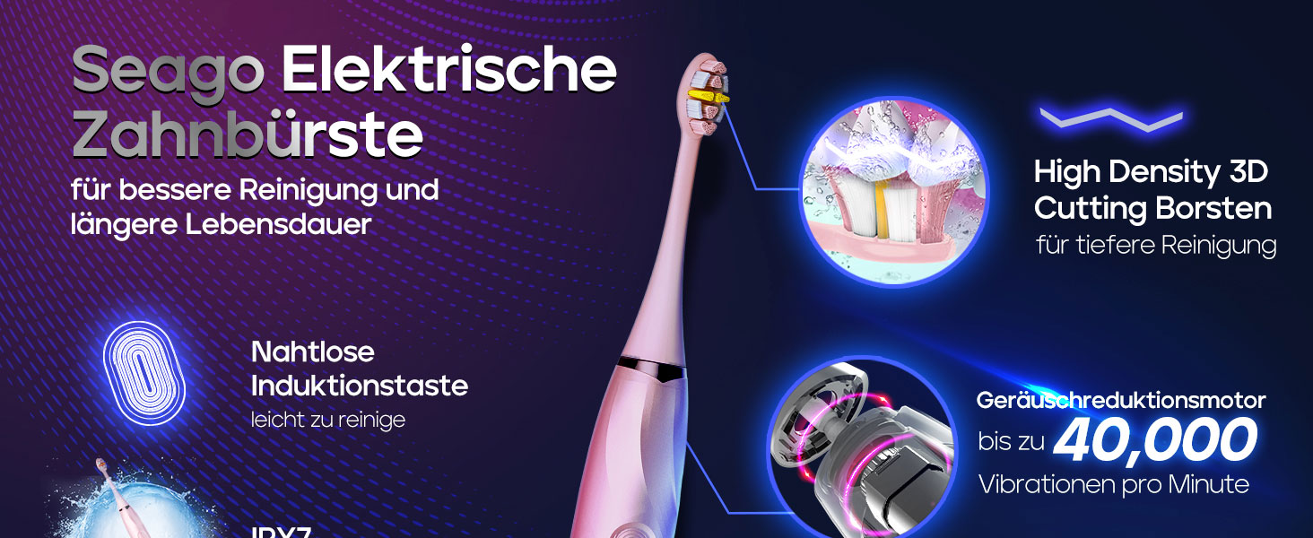 Електрична зубна щітка Seago з датчиком тиску, 40000 VPM, 8 насадок, 5 режимів, для дорослих, SG-2752 (Рожева)
