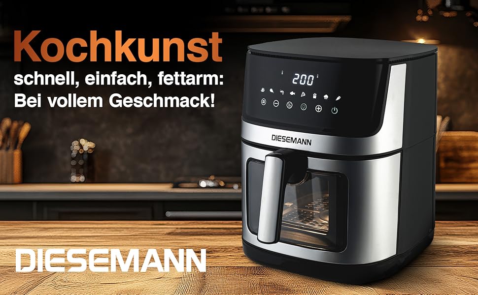 Фритюрниця повітряна DIESEMANN XXL 7.3L – 2000W з 2 нагрівальними елементами (верхній та нижній нагрів), вікно огляду та 8 програмами – для смаження, випікання та грилю без олії