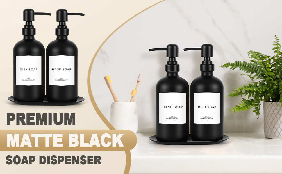 Набір дозаторів для мила Lannvan, скло, 500 мл, чорний матовий, для ванної кімнати та кухні, з підносом та етикетками