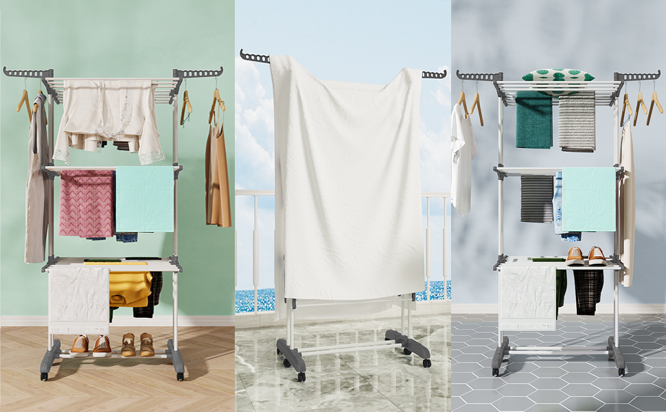 Сушарка для білизни тур-тип на коліщатках, сіра. Розкладна конструкція, 6 крил, 2 бічні крила, для дому та вулиці