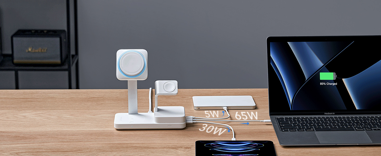 Зарядний пристрій ESR 65W GaN 6-в-1 з підтримкою MagSafe, білий. Сумісний з iPhone 17/16/15/14/13/12, Apple Watch, AirPods та USB A/C пристроями