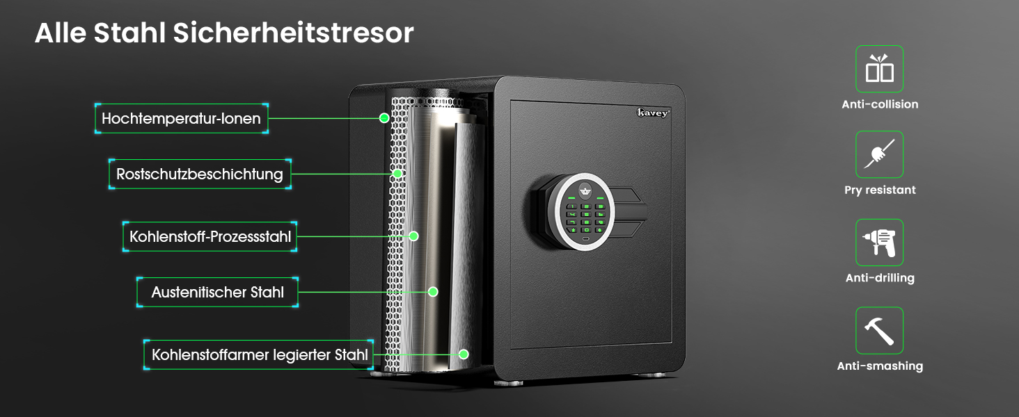 Сейф Kavey 42L з цифровим замком та подвійним сигналом тривоги, з LED-підсвіткою та висувним ящиком