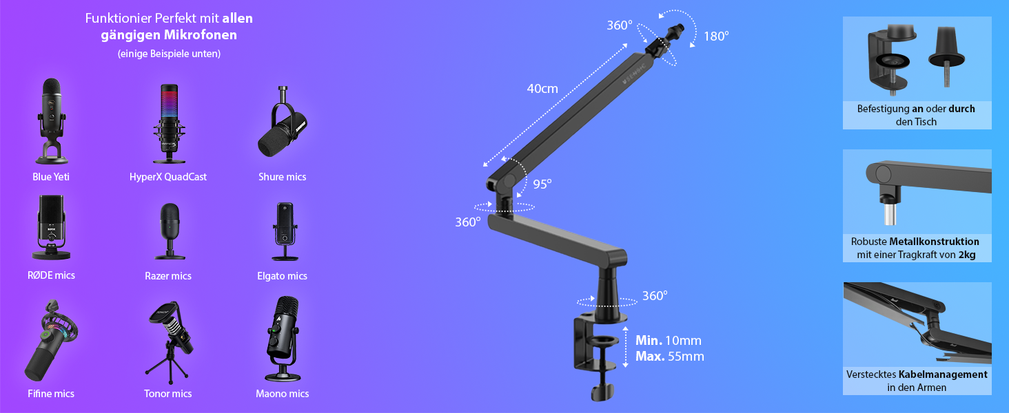 Мікрофонний тримач SENSIC SA-30 LP Low Profile з регульованим підлокітником, 360° обертання, для стрімінгу, інтегроване кабельне кріплення, універсальний, настільний