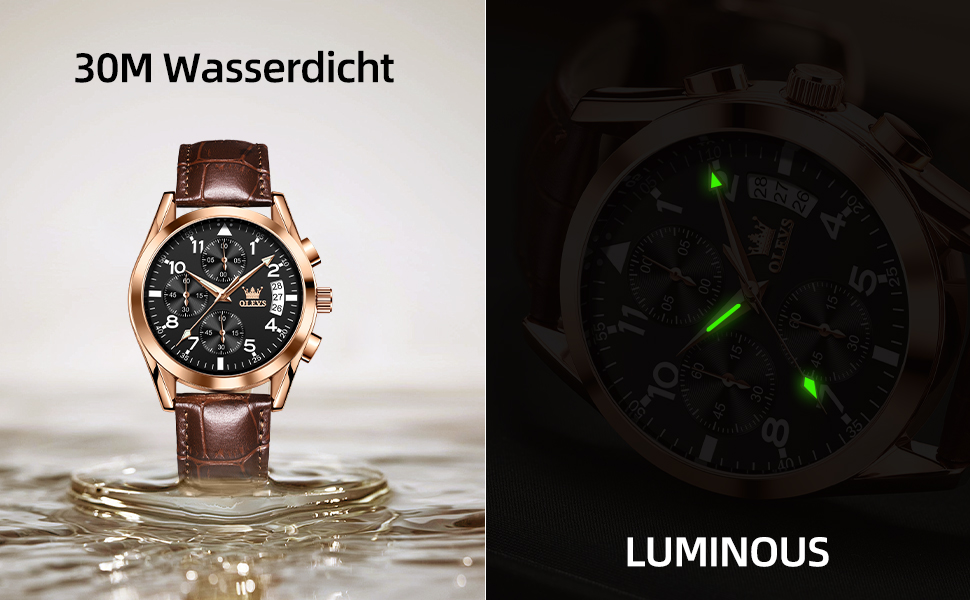 Чоловічий годинник OLEVS Vintage з шкіряним ремінцем, велике циферблат, водонепроникний, аналоговий годинник з датою (2878, чорний циферблат/коричневий ремінець)