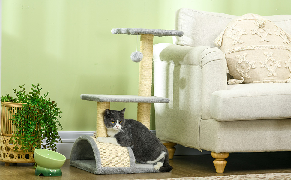 Котячий будиночок PawHut: невеликий когтетоп з 2 рівнями, іграшкою та будиночком, сірий, 40x35x72 см