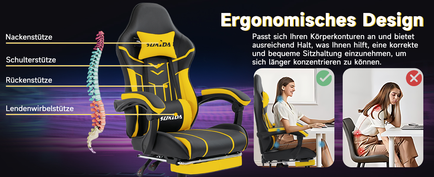 Ігрове крісло SUKIDA Ergonomic Gaming Chair з підніжкою та підтримкою попереку, комп'ютерне офісне крісло (Чорно-жовте)