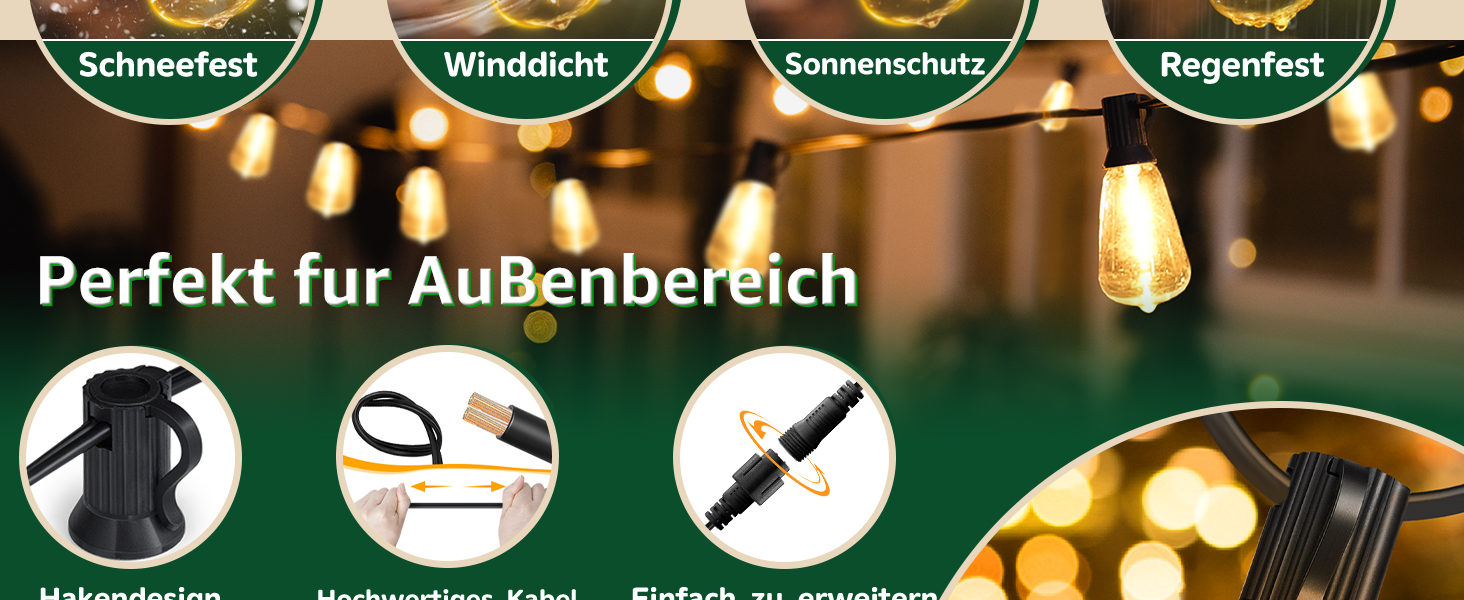 Ланцюжок вогнів Ollny для вулиці 5м, 13+1 ST38, LED, для саду, кемпінгу, вечірок