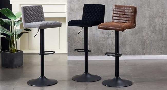 JYMTOM Set of 4 Adjustable Bar Stools with Swivel Seat - Velvet Upholstered Counter Stools for Bar, Kitchen, Bistro, Cafe & Dining Room (Gray)