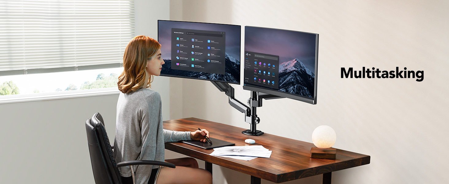 Кріплення для монітора HUANUO на 2 монітори, 13-32 дюйми, регульована висота, довгий важіль, VESA 75/100 мм, вантажопідйомність 2-9 кг, для геймінгу