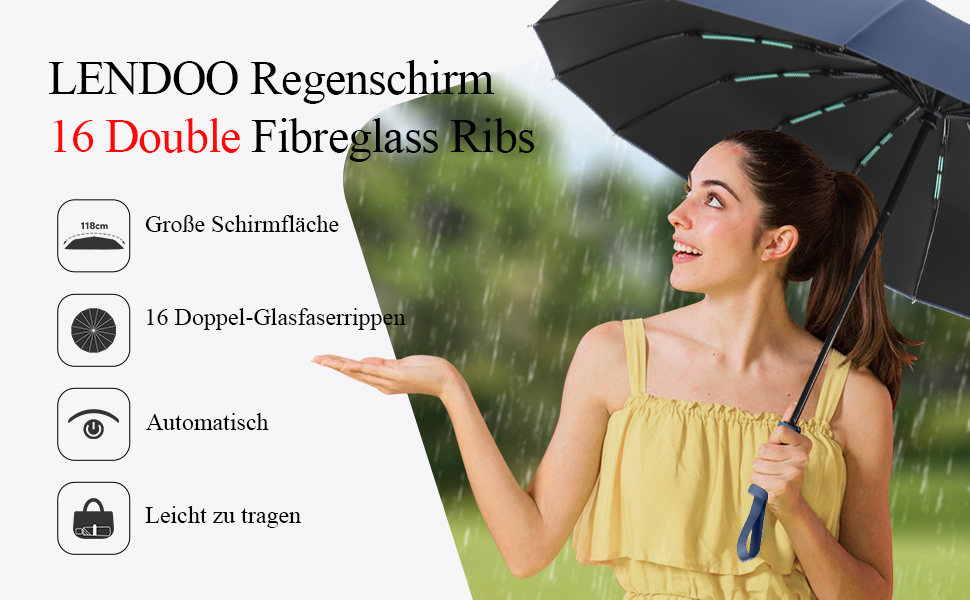 Стійкий до вітру парасолька-тростина, автоматичний, великий, з 16 ребрами, покриття Teflon 210T, анти-UV (блакитний)