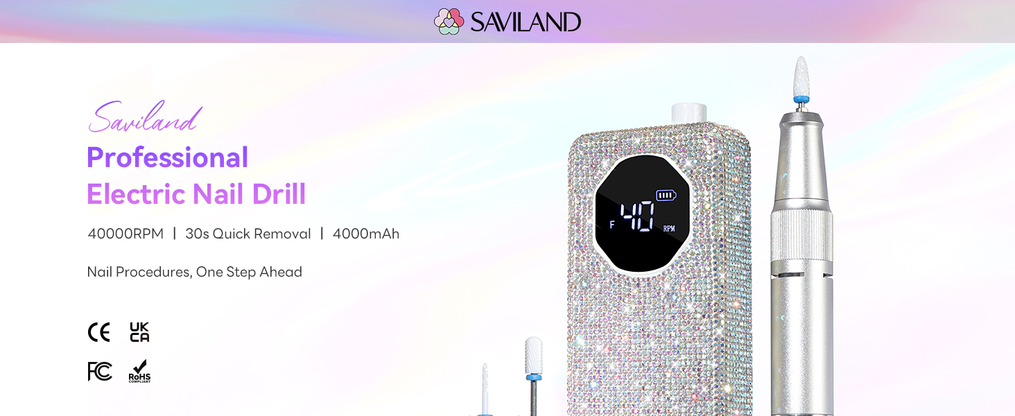 SAVILAND Професійний фрезер для нігтів 40000 об/хв: електрична машинка для манікюру з алмазним покриттям, акумулятор 4000 mAh, для товстих акрилових нігтів
