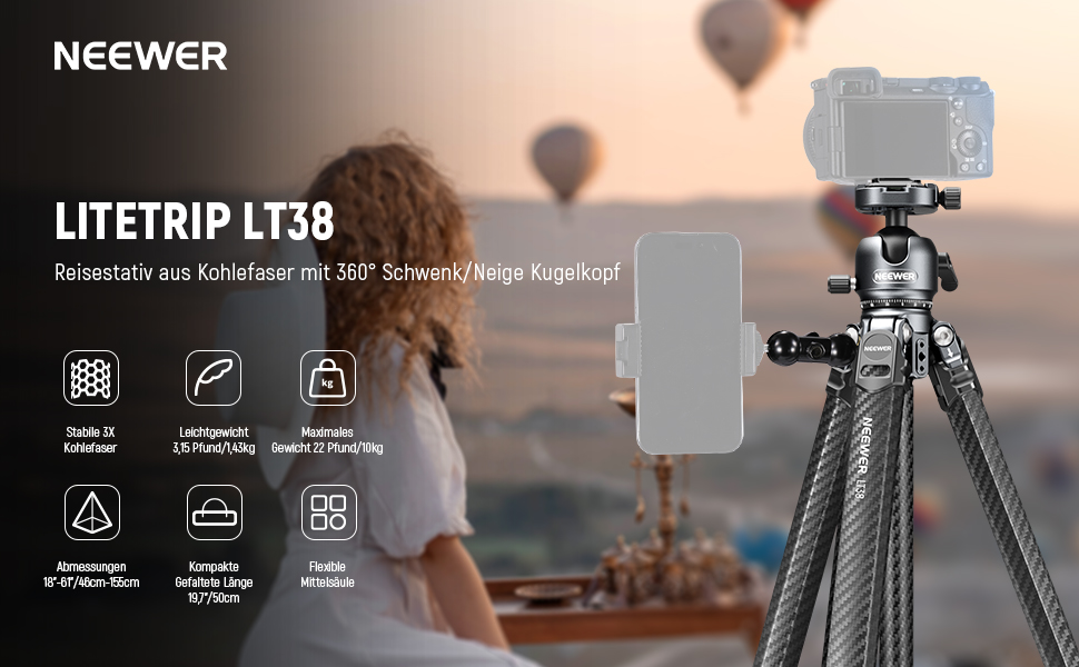 Карбоновий штатив NEEWER LITETRIP LT38 з панорамною головкою 360°, центральною колоною та Arca-платформою, сумісний з Peak Design Capture V3, навантаження до 10 кг