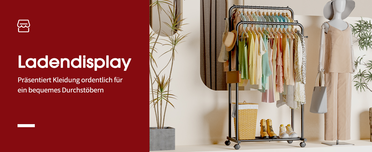 Підвісна штанга для одягу на колесах з сітчастою полицею та гачками, 73 x 42 x 150 см, чорний колір