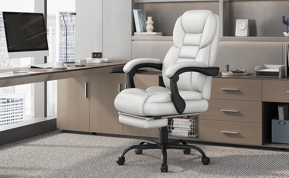 Ергономічне крісло Yaheetech для офісу, шезлонг з підставкою для ніг, комп'ютерне крісло з регульованими підлокітниками, висока спинка, регульована висота (Білий)