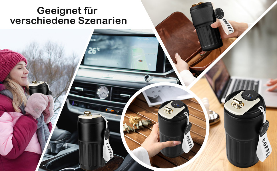 Термокружка для кави HomeAlexa з цифровим дисплеєм, 410 мл, нержавіюча сталь 316, ізольована, з кришкою, чорна