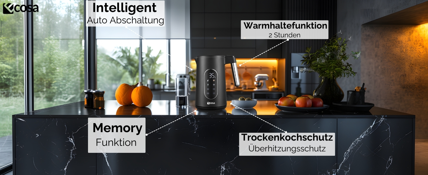 Електричний чайник-заварник зі сталі з регулюванням температури 40-100°C, 1.7 л, 2200 Вт, без BPA, з підігрівом та LED дисплеєм (чорний)