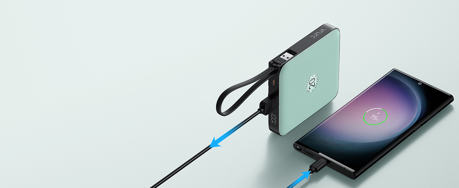 Power Bank VRURC 20000mAh з кабелем USB-C 22.5W QC3.0, рожевий - портативний акумулятор для iPhone, Huawei та смартфонів