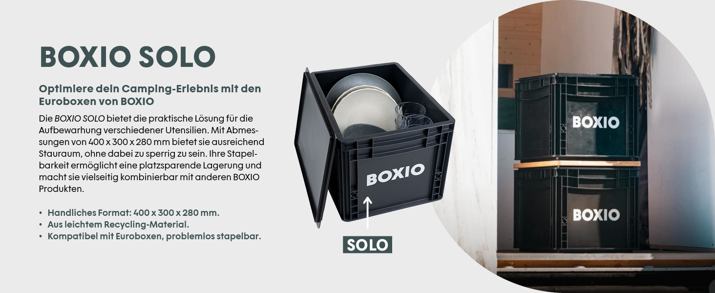 Пластикова коробка BOXIO SOLO з кришкою, 40x30x28 см, євроконтейнер для зберігання і транспортування, для кемпінгу, човна, гаража чи саду, штабельована з іншими євробоксами
