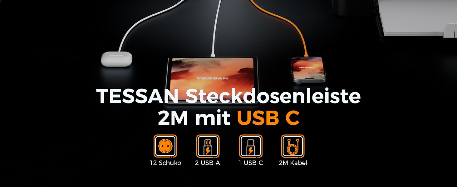 Многорозеткова смуга TESSAN із захистом від перенапруги, 3600W, 16A, 12 розеток, 2 USB-A, 1 USB-C, кабель 2м, сіра
