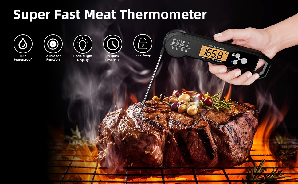Цифровий термометр для м'яса: водонепроникний кухонний термометр з підсвічуванням, калібруванням та цифровою сондами для приготування їжі, гриля та барбекю (чорний)