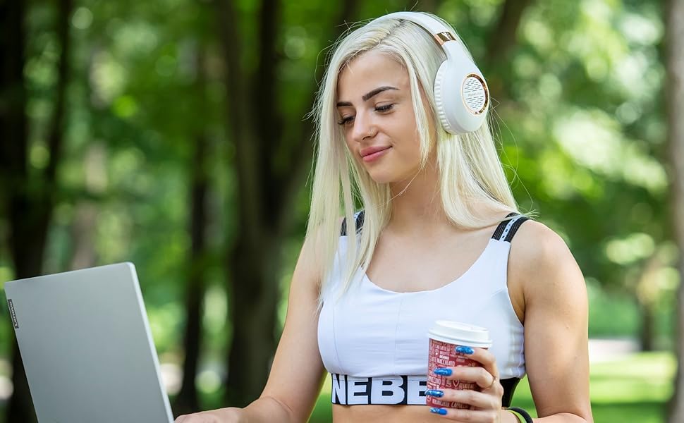 Навушники PowerLocus Bluetooth Over-Ear з мікрофоном, бездротові, складні, Hi-Fi стерео, глибокий бас, для телефону, планшета, ПК (Золотий Рожевий/Білий)