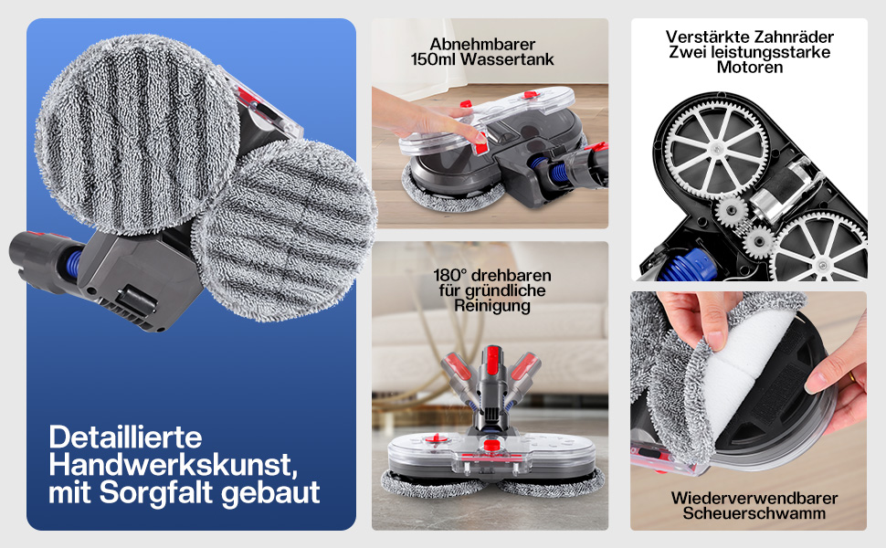 Насадка для миття підлоги для пилососів Dyson V7/V8/V10/V11/V15 - електрична насадка для миття підлоги, оригінальна з знімним баком для води, моп з 8 пральних мопів та контейнером для води