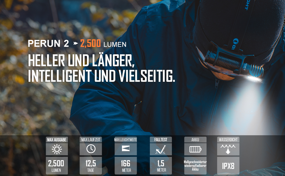 Налобний ліхтар OLIGHT Perun 2, 2500 люменів, 166 м, USB-зарядка, 5 режимів, таймер, акумулятор, для бігу, риболовлі, кемпінгу, чорний