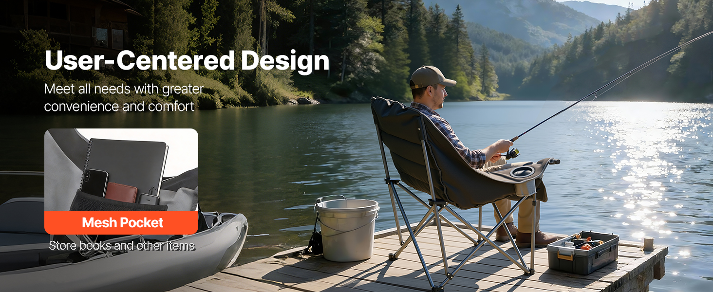 Кемпінговий стілець VEVOR великий, складний - до 204 кг, з підсклянниками, для риболовлі, пікніка, чорно-сірий