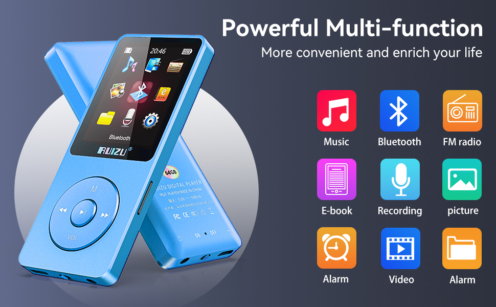 MP3-плеєр 64GB з Bluetooth 5.3, ультралегкий (30г), до 80 годин роботи, 1.8